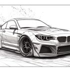 Illustration eines sportlich aussehenden Autos in schwarz-weiß, mit großem Heckspoiler und markanten Felgen.
