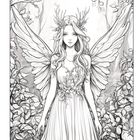 Eine Illustration einer geflügelten Frau mit Blumenkrone, umgeben von Blättern und Bäumen.
