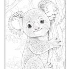 Ein Koala klettert an einem Baum hoch. Er hat ein freundliches Gesicht mit großen Augen und flauschigen Ohren.
