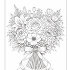 Eine detaillierte Illustration eines Blumenstraußes, gebunden mit einer Schleife, bestehend aus Rosen, Lilien und anderen Blumen.
