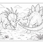 Zwei Dinosaurier stehen sich gegenüber, links ein Triceratops, rechts ein Stegosaurus. Landschaft mit Pflanzen und Bergen.