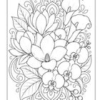 Keine Texte enthalten. Detaillierte Illustration von Blumen und Blättern in einem dekorativen Muster.