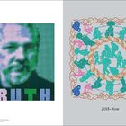 Links steht "TRUTH", ein pixeliertes Gesicht. Rechts kreisförmige Figuren und Muster, unten "2015–Now".