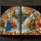 Drei Gemälde zeigen religiöse Figuren in Gewändern mit Stäben und Schlüsseln, jeweils in einem eigenen Abschnitt.