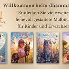 Willkommen beim dhamma Verlag! Malbücher: Dino, Pferde, Mandala Katzen, Spanien. Links ein Verlagslogo mit Buch und Feder.