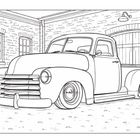 Illustration eines klassischen Pickup-Trucks in einer Backsteinumgebung mit großen Fenstern und Holztor.