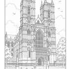 Illustration einer gotischen Kathedrale mit zwei Türmen, Menschen davor, Bäume und Wolken im Hintergrund.