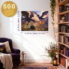 500 Teile Puzzle, 49 cm x 36 cm. Illustration mit Drachen in Landschaft, gemütliche Leseecke mit Regal und Sessel.