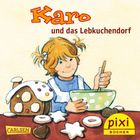 „Karo und das Lebkuchendorf“. Illustration: Ein Kind rührt in einer Schüssel, von Plätzchen umgeben.