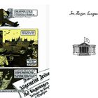 Links: Comic mit Text über Budapest und Krieg. Rechts: "Im Herzen Europas" mit Zeichnung eines Gebäudes mit Kreuzflagge.