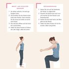 Brust- und Schulterdehnung: 1. Aufrecht stehen, Knie leicht gebeugt. Rückendehnung: 1. Auf Stuhlkante setzen. Illustrationen zeigen Übungen.