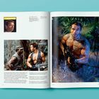 Text beschreibt Dreharbeiten zu "Conan". Links ein Filmplakat, rechts ein Krieger auf einem Pferd in Schwarz-Weiß.