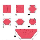„Die Wassermelone“. Anleitung zur Falttechnik in 7 Schritten, beginnend mit einem roten Quadrat und endend als Melonenstück.