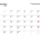 September 2027 Kalender mit Zitat über Igelgeräusche. Sonntage in Rot. Feiertage: Weltkindertag am 20., Herbstanfang am 23.