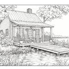 Illustration einer Hütte am See mit Veranda, Schaukelstühlen, Dach und Steg, umgeben von Bäumen und Pflanzen.