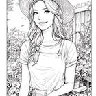 Illustration einer lächelnden Frau mit Hut und Zopf in einem blühenden Garten vor einem Zaun.