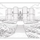 Illustration einer beeindruckenden alten Kathedrale, ein Paar steht davor. Im Vordergrund ein Tisch mit Wein und Pizza.