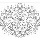 Illustration mit einem symmetrischen floralen Muster aus Blüten und Blättern, kunstvoll arrangiert.