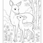 Illustration von einem Reh und einem Kitz, umgeben von Blumen und Bäumen im Hintergrund.