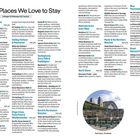 "Places We Love to Stay" listet Unterkünfte in Sydney auf. Text zu Preisen, Ortsnamen sowie kurzen Beschreibungen stehen im Fokus. Unten rechts ist eine kleine Abbildung der Park Hyatt mit Hafenbrücke im Hintergrund.