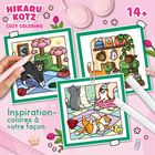"Inspiration - colorez à votre façon." Drei bunte Katzen-Illustrationen mit Stiften, Papierblättern und Dekorationen.