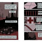 Links: Ein düsterer Wald und Totenschädel, Text über Erlebnisse und kriegerischen Widerstand. Rechts: Panel mit Zeitung, Kreuz, Text über Regierung.