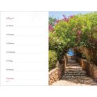Links steht der Kalender für August 2021. Rechts ein Weg durch blühende Büsche mit einem Zitat von Martin Luther King.