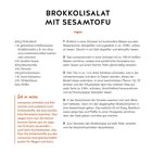 Brokkolisalat mit Sesamtofu, vegan. Zutaten: TK-Brokkoli, Goldleinsamen, Sesam, Räuchertofu, Olivenöl, Kirschtomaten, Balsamico.