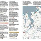 Texte: Wild Ireland, Inch Wildfowl Reserve, Ballyarr Wood, Lokale Küche. Links: Bilder von Speisen, Gebäuden. Rechts: Landkarte mit markierten Orten.