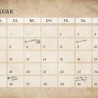 Kalender für Januar. Enthält Namen: Queenie Goldstein (6.), Severus Snape (9.), Gilderoy Lockhart (19.), Lily Potter (30.).