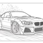 Line-Art mit sportlichem Auto beim Driften, Wasser spritzt von Reifen. Dynamische Pose, Detailreich.