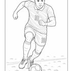 Nummer 10. Ein Spieler dribbelt mit einem Fußball über das Feld. Linienzeichnung.