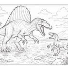 Zwei Dinosaurier am Ufer in prähistorischer Landschaft; einer groß mit Rückensegel, der andere kleiner, mit geöffnetem Maul.