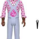 Eine Figur in retro Kleidung mit Afro, rosa gepunktetes Hemd und Hosenanzug. Mikrofon daneben.