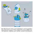 Text: "Der Bionicarm mit zwei Aufsätzen und Joysticks - komplexer Aufbau zum selber zusammenbauen."  
Illustration: Zerlegbarer Roboterarm mit Zahnrädern.