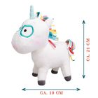 Text: "CA. 19 CM", "CA. 21 CM". Plüschtier-Einhorn, bunte Mähne und Schweif, große Augen, etwa 19 cm lang, 21 cm hoch.