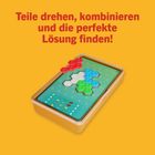 Text: "Teile drehen, kombinieren und die perfekte Lösung finden!" Brettspiel mit bunten Hexagon-Teilen auf orangefarbenem Hintergrund.