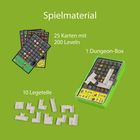 Spielmaterial: 25 Karten mit 200 Leveln, 1 Dungeon-Box, 10 Legeteile. Kacheln und Box auf grünem Hintergrund.