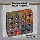Familienspiel mit tollem 3D-Tempel. Findet ihr den Weg zum Ziel? Bunte, dekorative 3D-Strukturen mit Pflanzen und einem Würfel.