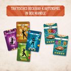 "Taktisches Deckbau-Kartenspiel in der Manege." zeigt unterschiedliche farbenfrohe Karten mit Zirkusmotiven.
