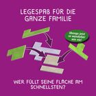 „Legespaß für die ganze Familie. Wer füllt seine Fläche am schnellsten?“ zeigt Puzzleteile auf violettem Hintergrund.
