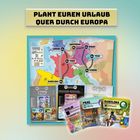Text: "PLANT EUREN URLAUB QUER DURCH EUROPA." Eine bunte Europakarte mit Städten und Reiserouten. Karten zeigen Städtereisen.