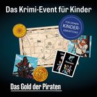 Text: "Das Krimi-Event für Kinder", "Für deinen Kindergeburtstag!", "Das Gold der Piraten". Illustration mit Karte und Piraten.