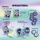 Text: SPIELMATERIAL. Spielkarten mit QR-Codes, Musik- und Punkte-Chips im bunten Design.