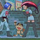 Charaktere mit "R" auf weißer Kleidung, essen Eiscreme, stehen auf Steintreppen. Eine große rote Frisur ist sichtbar.