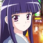 Leuchtende Schilder mit Texten: "rakki", "gouketsu", "ゲーム", "コブ". Anime-Mädchen mit langen, lila Haaren im Vordergrund.