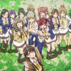 Mehrere Anime-Charaktere in Schuluniformen stehen auf einer grünen Wiese und wirken fröhlich und motiviert.