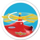 Eine rote Hubschrauber-Spielzeug-Abbildung mit gelbem Rotor auf blauem Hintergrund.