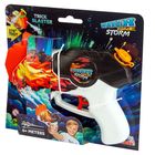 „Trick Blaster“, „Water Zone Storm“, „6+ Meters“. Eine bunte Wasserpistolenverpackung mit Kind und Wassereffekten.