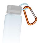 Messskala in Millilitern. Illustration einer Flasche mit grauem Deckel und blauem Band, daran ein orangefarbener Karabiner.